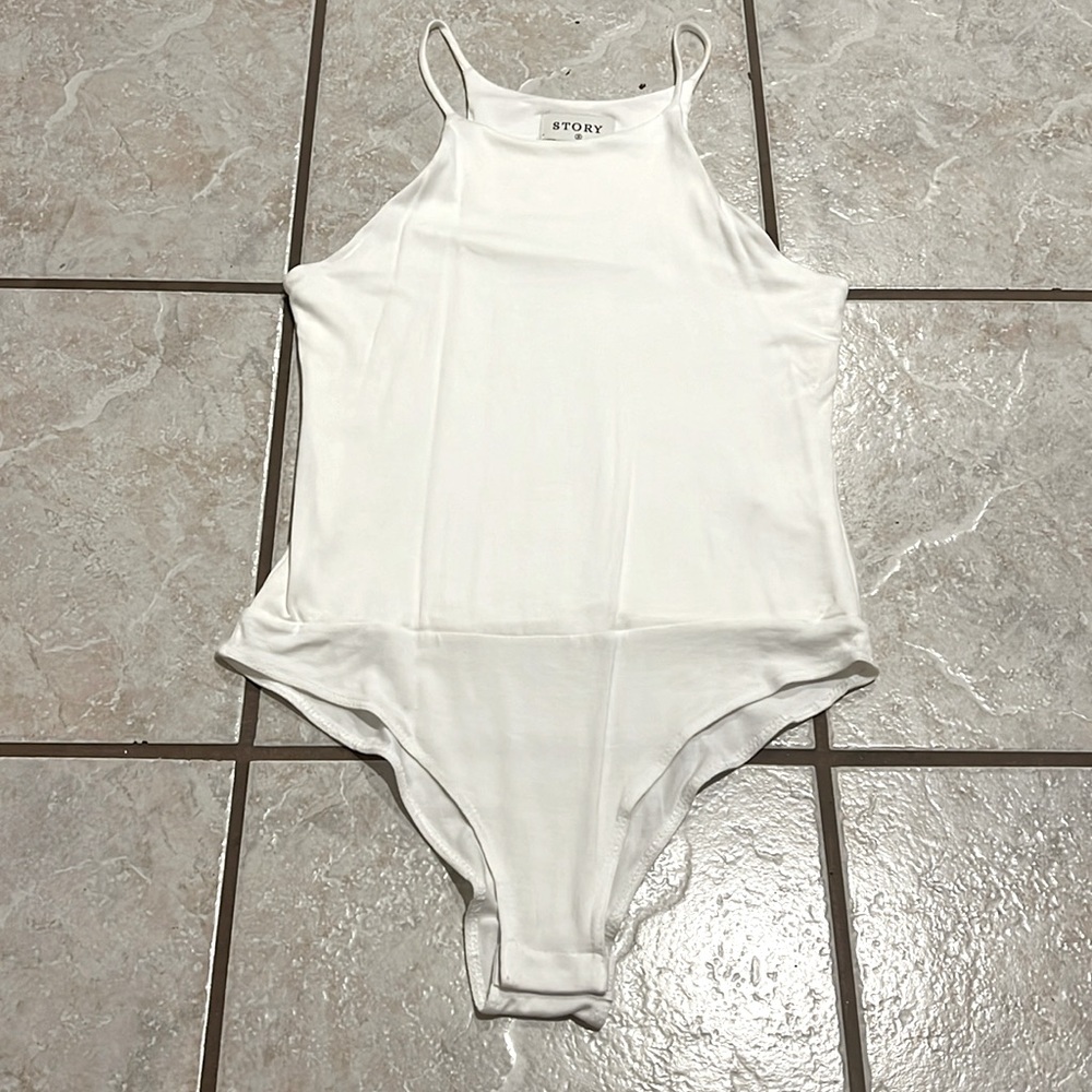 Story White High Neck Sleeveless Thin Spaghetti Strap Bodysuit New